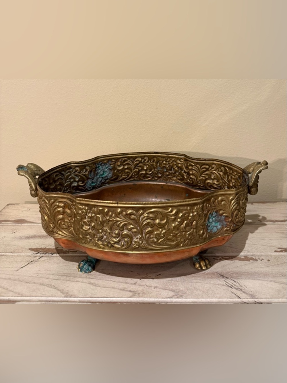 Antique French Villedieu Copper & Brass Jardinière, Eagle Handles, Lion Paw Feet